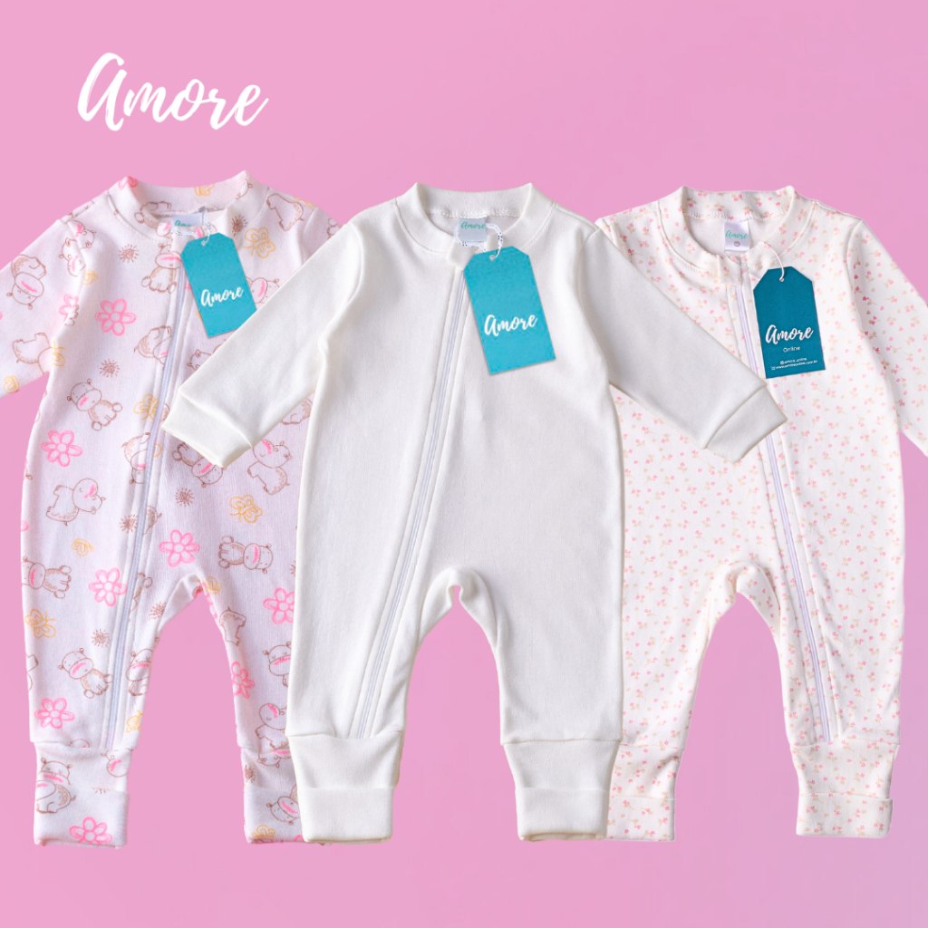 🛍️ Kit 3 Macacão Bebê Confortável Amore Vira Pé com Ziper Amiguinha Floral 100% Algodão