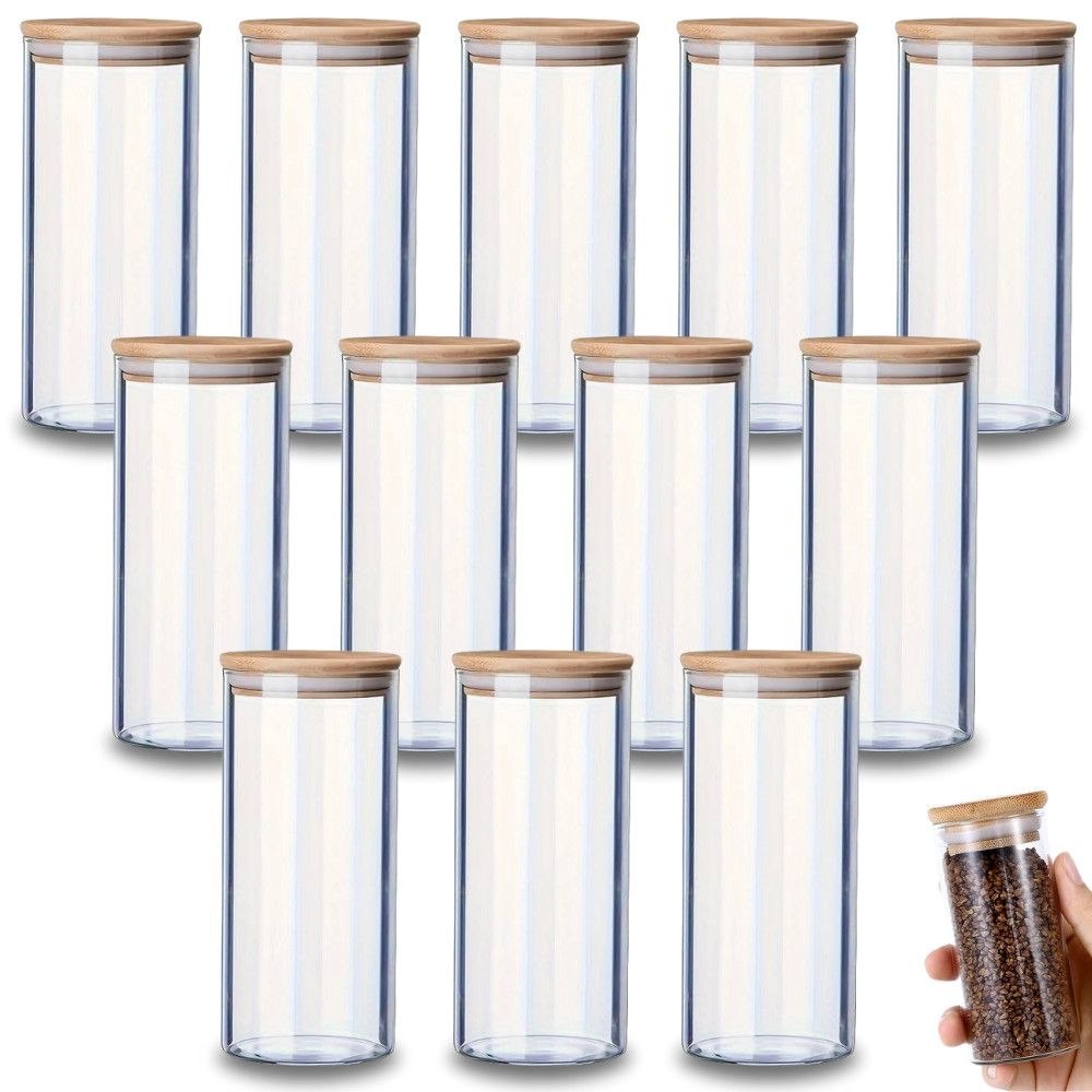 - KIT 12 POTES PARA ALIMENTOS DE VIDRO COM TAMPA BAMBU 400ML